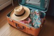 Open suitcase packed with clothing and a stylish straw hat signifies the start of a summer holiday