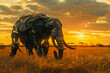 High tech safari robotic lions and elephants amidst golden savannah at sunset luxury tour 