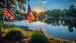 Majestic Sunrise Reflection with American Flags on Serene Lake Surrounded by Lush Pine Trees