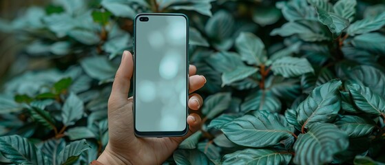 A blank smartphone screen held by a person outdoors, perfect for lifestyle app mockups