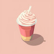 Illustration of a milkshake with whipped cream in a pink cup and straw on a light pink background. Strawberry milkshake in a minimalist style.