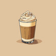 Vector illisatration glass of frapuccino with cinnamon. Illustration of a latte topped with whipped cream and chocolate sprinkles in a glass cup on a beige background.