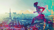© Helen - Abstract silhouette of a female runner superimposed over a cityscape with the Eiffel Tower in Paris, featuring colorful geometric elements and glitch effects. Olympic spirit and sports celebration.