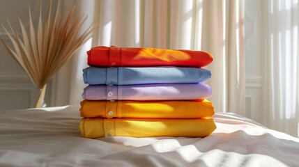 Wall Mural - Stack of colorful dress shirts on table by window showcasing elegant fashion options in warm light