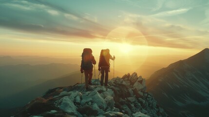 Two hikers are standing on a mountaintop watching the sunset. The sky is orange and the sun is setting behind the mountains.