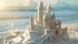 Sand castle on the beach at sunset, travel and vacation concept