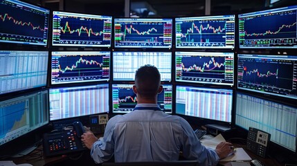 Aufkleber - A trader monitoring stock market graphs on multiple screens, capturing the intensity and focus of financial decision-making.