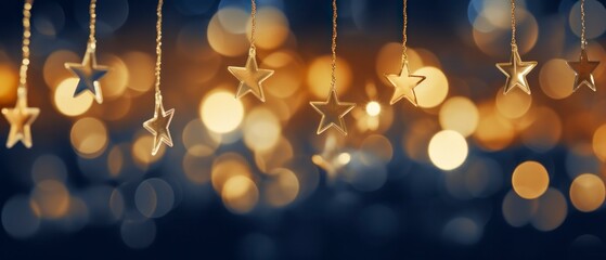 Sticker - Christmas background with golden stars and bokeh lights. Banner.