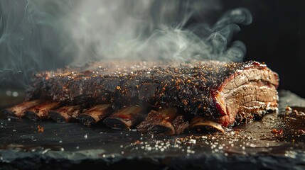 A large steaming fragrant piece of baked beef brisket on the ribs with a dark crust. Classic Texas barbecue