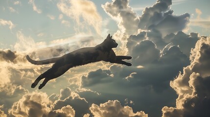  A cat is flying through the sky, surrounded by clouds