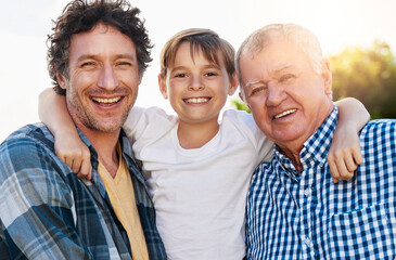 Canvas Print - Portrait, father and grandfather with kid in outdoor park for happiness, support and bonding together. Lens flare, family and generations of men with smile for legacy, morning walk or weekend break