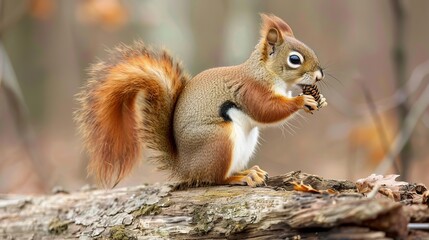 American Red Squirrel standing on log, profile view, eating a pine cone, looking inquisitive, alert and watchful.