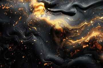 Poster - This image captures an up-close view of an artistic creation with swirling black and gold, depicting a sense of fluid luxury
