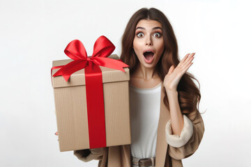 surprised woman holding big box on white background