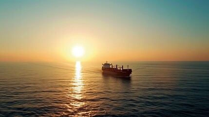 Wall Mural - Cargo ship sails across the ocean at sunset against a clear blue sky. The vessel carries goods for international shipping and logistics, facilitating global trade and commerce