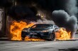 High-end sports car engulfed in fire and smoke, depicting an emergency or disaster scenario