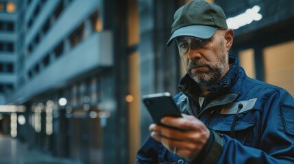 Poster - A man in a hat looking at his cell phone. Suitable for technology concepts