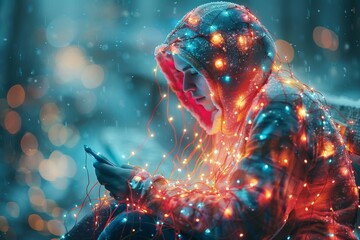 Poster - A festive and surreal abstract of a person covered in colorful lights, showcasing joy and the spirit of the holiday season