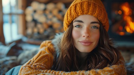 Canvas Print - Portrait of smiling woman wearing winter clothes in winter cabin