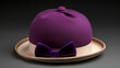 A purple felt hat with a matching bow on a beige hat stand against a dark background.