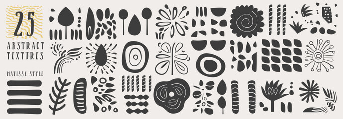 Wall Mural - Set of trendy doodle abstract Drawn shapes on isolated white background. Spots drops curves lines and textures. Modern contemporary vector illustration unusual organic forms in matisse style by hand