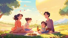 Family Enjoying A Picnic In The Park.