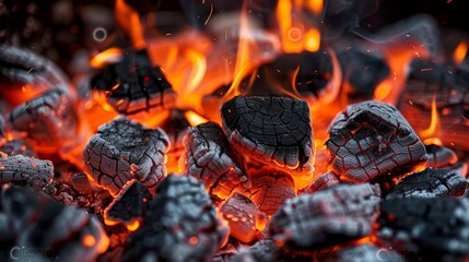 Captivating close-up of glowing embers and flames in a charcoal fire, showcasing nature's intense heat