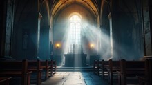 Church Confessional In 3D, Illuminated By Dramatic Crepuscular Rays From A High Window, Enveloped In Deep, Moody Shadows,