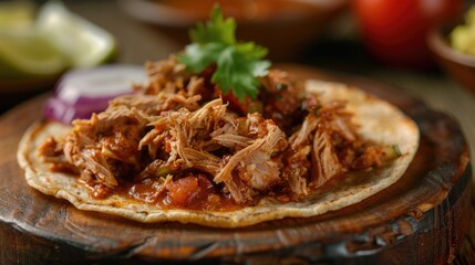 Wall Mural - Traditional Mexican Cochinita Pibil, Slow Marinated and Pit-Roasted Pork Meat on Wooden Plate