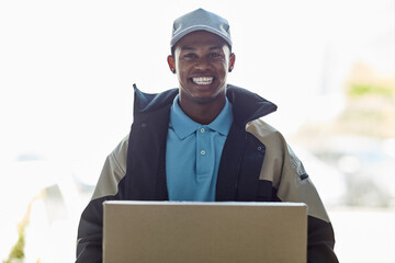 Wall Mural - Smile, portrait and delivery man at front door with box for online shopping sales, distribution and transport service. Ecommerce, package and happy courier with supply chain, mail or post at house