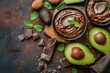 Top View Avocado Chocolate Mousse Dessert on Olive Wooden Board with Cocoa and Brown Background -