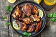 Top View of Spicy Jamaican Jerk Chicken Wings on Plate with Lemon Wedges - Tasty Cookery of Grilled