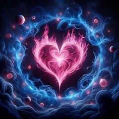 Wall Mural - A fantastical depiction of a vibrant heart-shaped nebula surrounded by swirling cosmic clouds and celestial bodies