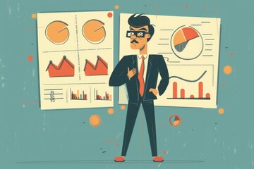 Poster - A man in a suit and tie standing in front of a chart. Suitable for business presentations