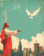 Artistic retro illustration of Jesus Christ, flying dove and cityscape