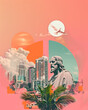 Retro collage art of Jesus Christ, flying dove and cityscape