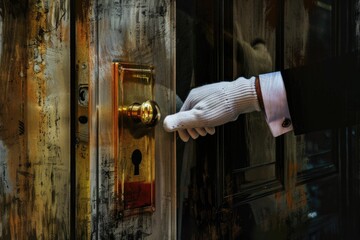 Poster - A person wearing a white glove is opening a door. Suitable for home renovation or security concepts