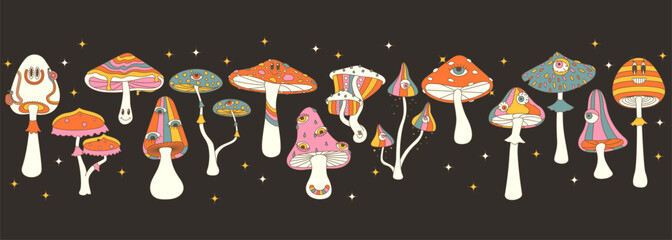 Stylizes hippie mushrooms banner, wallpaper. Summer psychedelic elemenst in 70s and 80s style. Vibrant groovy and funky fungus. Black background