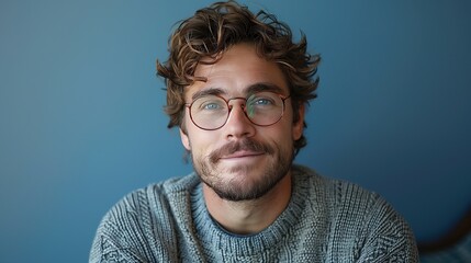 Cheerful man with curly hair and glasses,