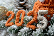 2025 crocheting numbers, new year knitting greet card, clothes texture celebrate banner, woven eve
