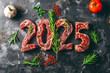 2025 meat numbers, new year fillet greeting card, tenderloin celebrate banner, marbled meat texture
