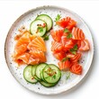 Sashimi, Raw Red Fish, Trout Slices, Salted Salmon Fillet with Cucumber and Greens on Elegant Flat Plate