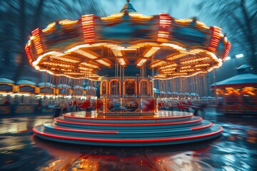 Poster - A spinning carousel bathed in neon lights, captured in a long exposure to showcase its energy and vibrancy