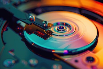 Poster - Detailed view of a hard disk with out-of-focus background. Suitable for technology concepts