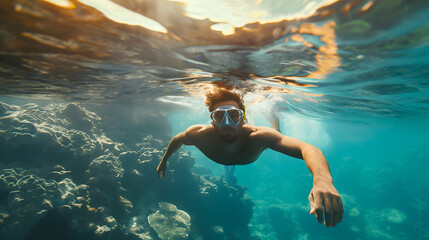 A Caucasian man with goggles swimming in the sea