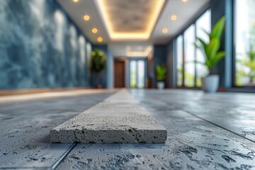Poster - This image showcases a modern hallway with artistic concrete and tile flooring leading to an elegant space