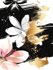 Wall Mural - A white and pink flower stands out against a striking black and gold backdrop