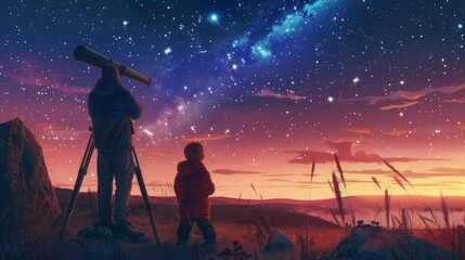 A man and a child are looking at the stars through a telescope,illustrations , Father's day.