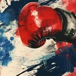 Abstract pop sports art. watercolor. 
A hand wearing boxing gloves is throwing a punch.. The background is a splatter-style watercolor with blue and red.