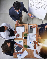 Poster - Business people, teamwork and presentation with planning for finance with tax audit, company budget or above. Accounting, auditor or collaboration with sales report, statistics and annual data graphs